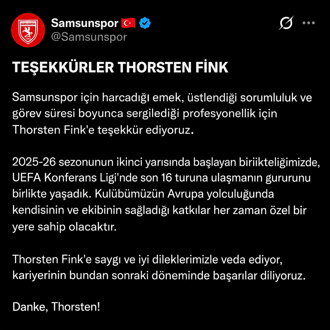 Samsunspor'da Thorsten Fink Dönemi Bitti! Resmî Veda Geldi