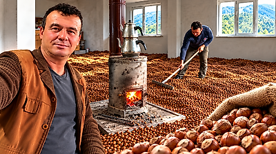 Salıpazarı'nda fındığını soba ateşiyle kurutuyor