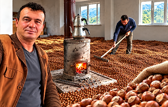 Salıpazarı'nda fındığını soba ateşiyle kurutuyor