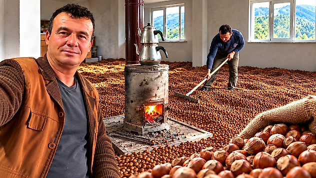 Salıpazarı'nda fındığını soba ateşiyle kurutuyor